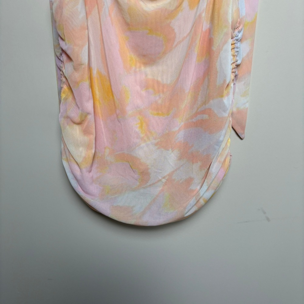 Free People‎ Peach Ruched Floral Tie Dye Cowl Neck Mesh Tank Top Womens Large - Picture 3 of 7